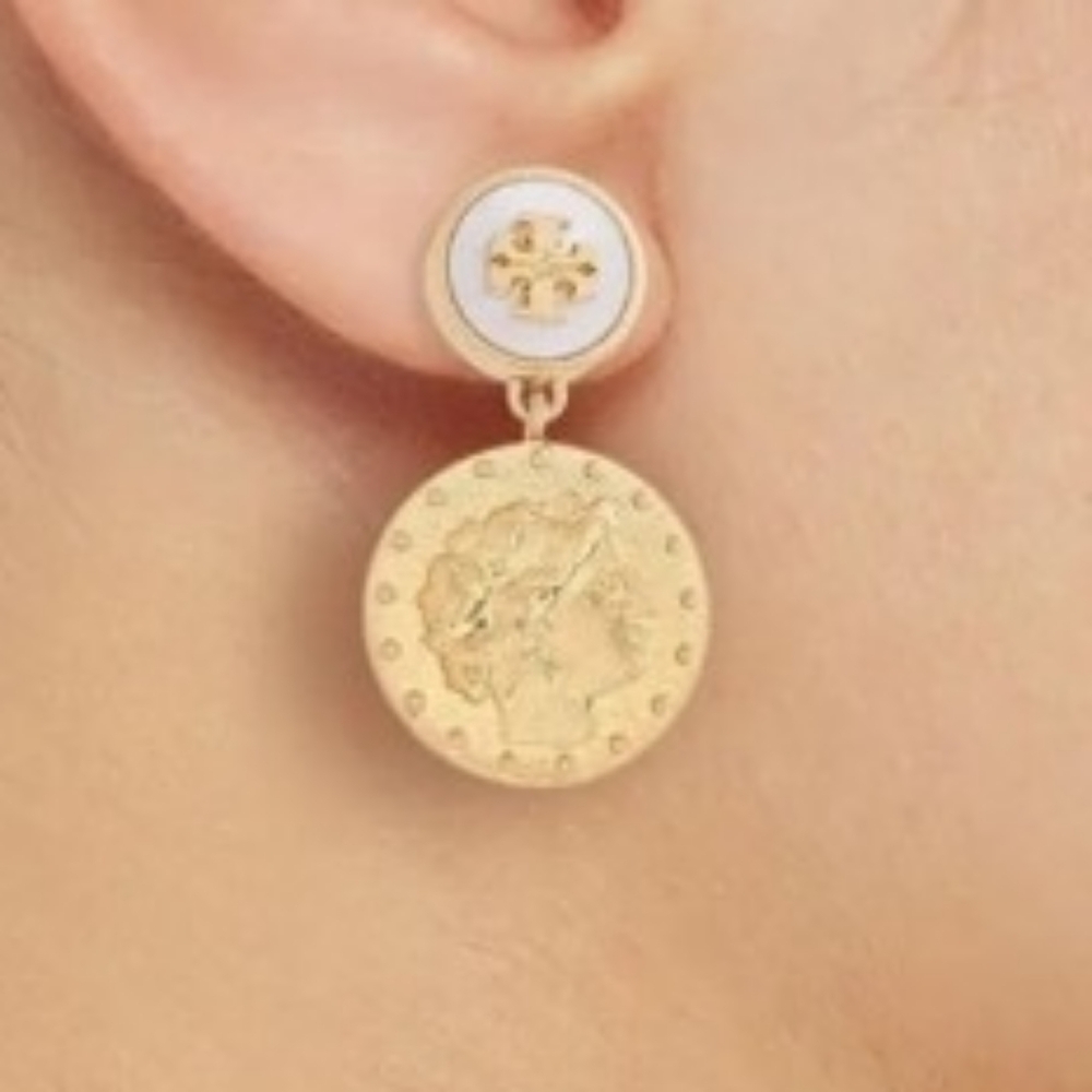 Gold and White Coin Drop Earrings
